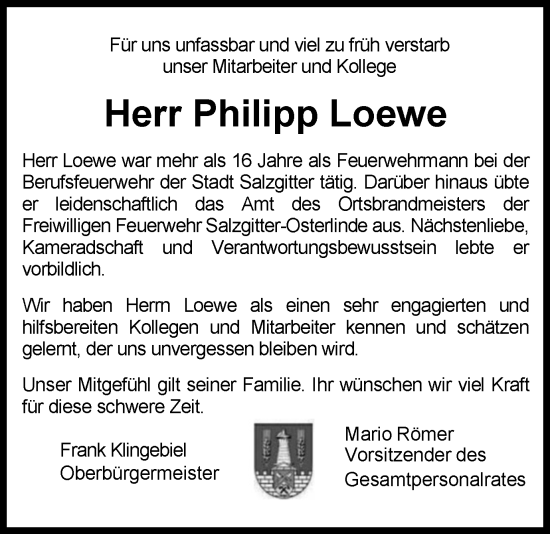 Traueranzeige von Philipp Loewe von Salzgitter-Zeitung