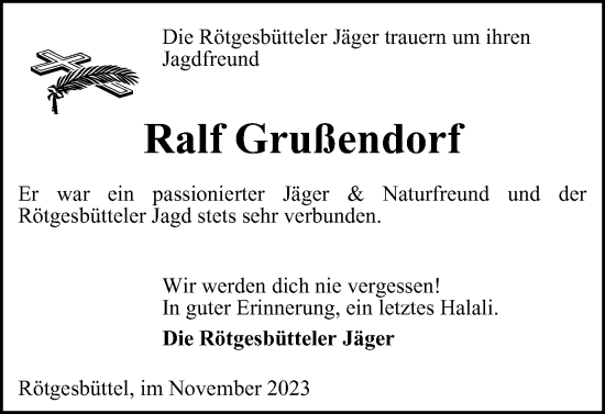 Traueranzeige von Ralf Grußendorf von Wolfsburger Nachrichten
