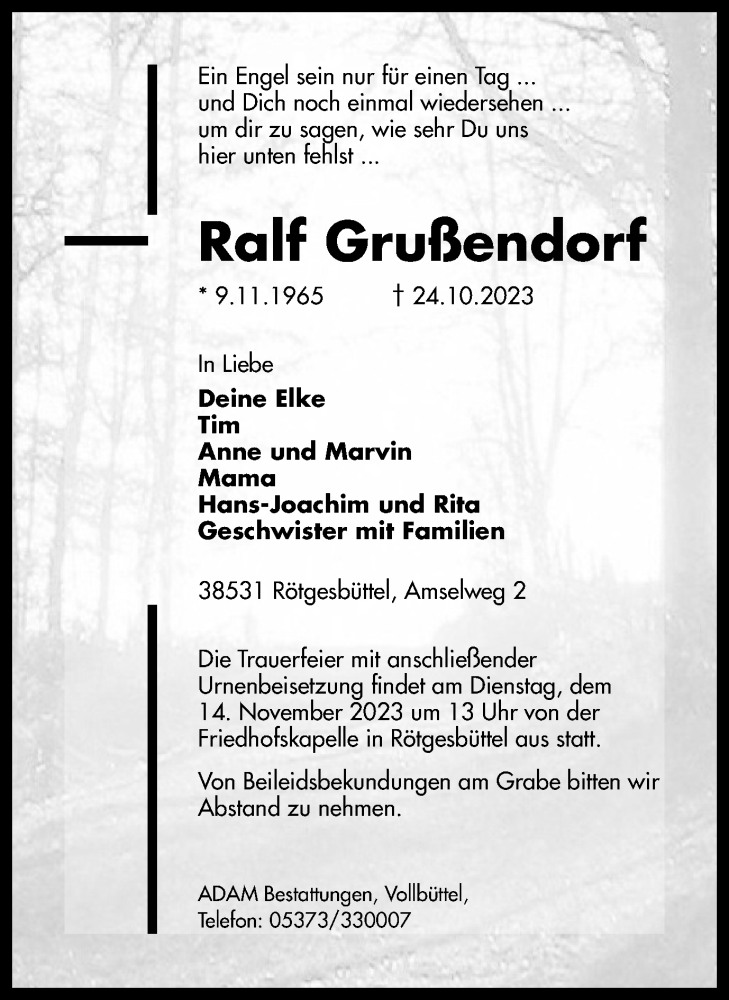  Traueranzeige für Ralf Grußendorf vom 09.11.2023 aus Wolfsburger Nachrichten