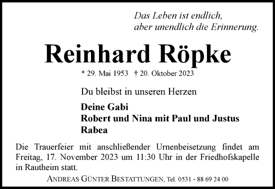 Traueranzeige von Reinhard Röpke von Braunschweiger Zeitung