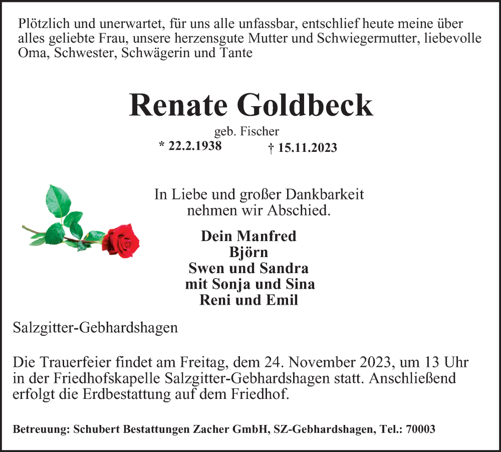  Traueranzeige für Renate Goldbeck vom 18.11.2023 aus Salzgitter-Zeitung