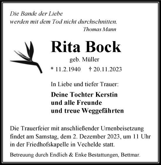 Traueranzeige von Rita Bock von Peiner Nachrichten