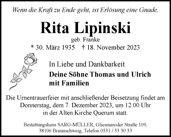 Traueranzeige von Rita Lipinski von Braunschweiger Zeitung