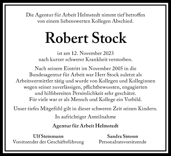 Traueranzeige von Robert Stock von Wolfsburger Nachrichten