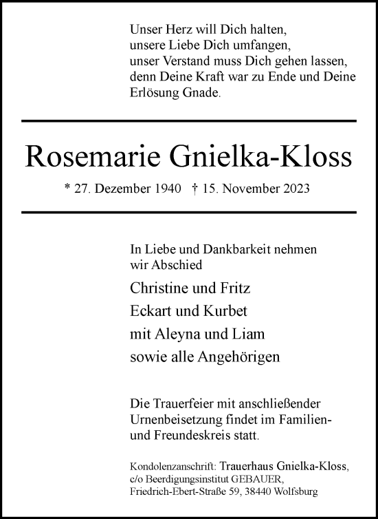 Traueranzeige von Rosemarie Gnielka-Kloss von Wolfsburger Nachrichten