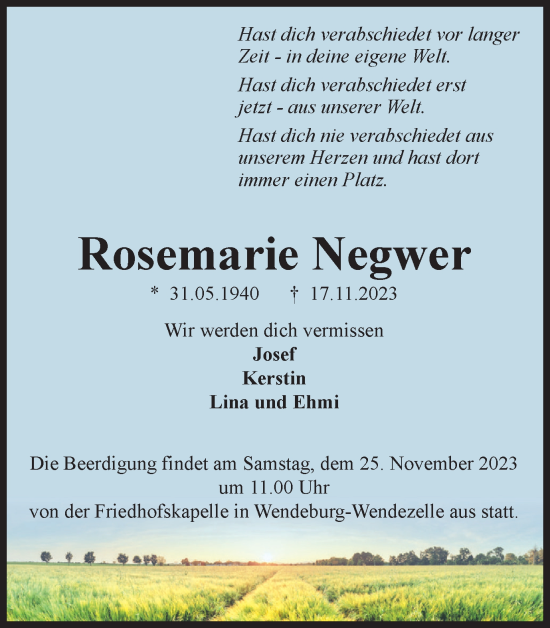 Traueranzeige von Rosemarie Negwer von Peiner Nachrichten