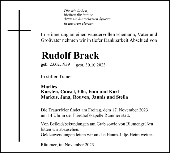 Traueranzeige von Rudolf Brack von Helmstedter Nachrichten