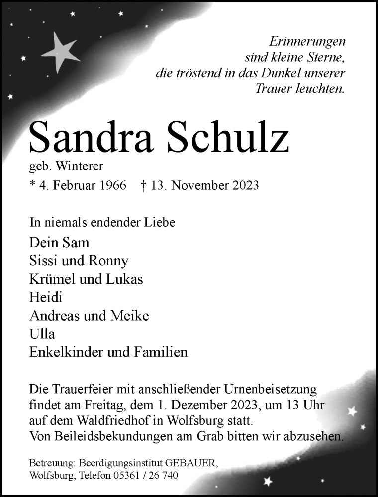  Traueranzeige für Sandra Schulz vom 18.11.2023 aus Wolfsburger Nachrichten