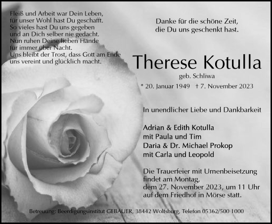 Traueranzeige von Therese Kotulla von Wolfsburger Nachrichten