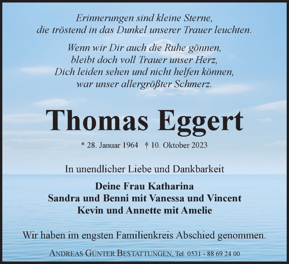  Traueranzeige für Thomas Eggert vom 11.11.2023 aus Braunschweiger Zeitung