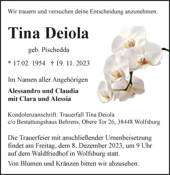 Traueranzeige von Tina Deiola von Wolfsburger Nachrichten