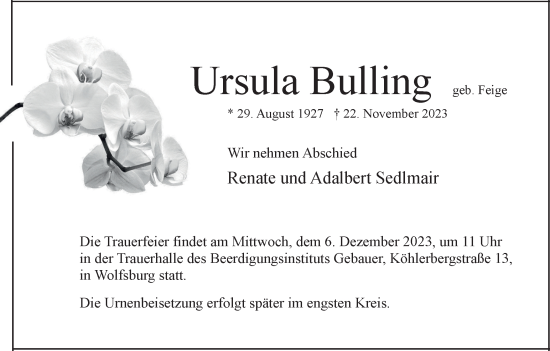 Traueranzeige von Ursula Bulling von Wolfsburger Nachrichten