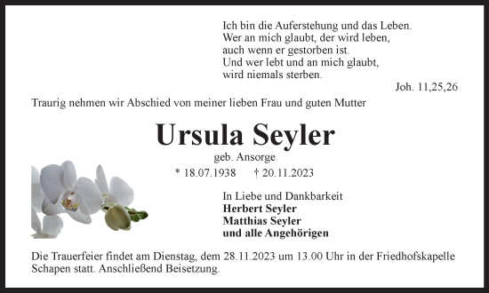 Traueranzeige von Ursula Seyler von Braunschweiger Zeitung