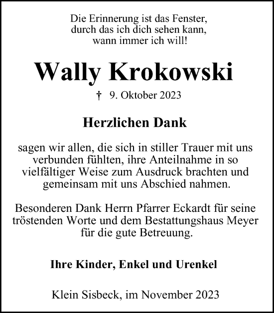 Traueranzeige von Wally Krokowski von Helmstedter Nachrichten
