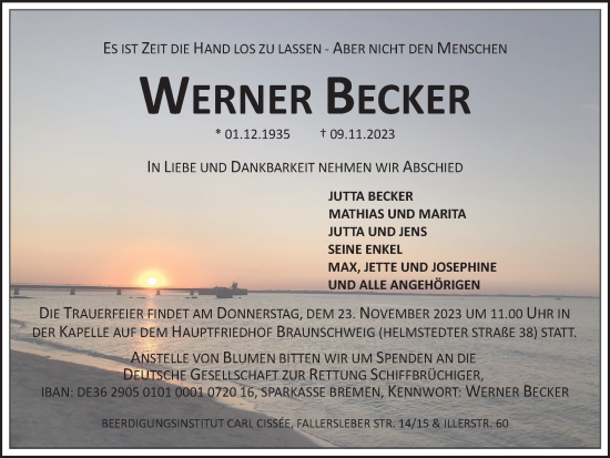 Traueranzeige von Werner Becker von Braunschweiger Zeitung