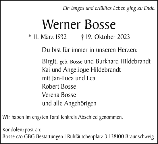Traueranzeige von Werner Bosse von Braunschweiger Zeitung