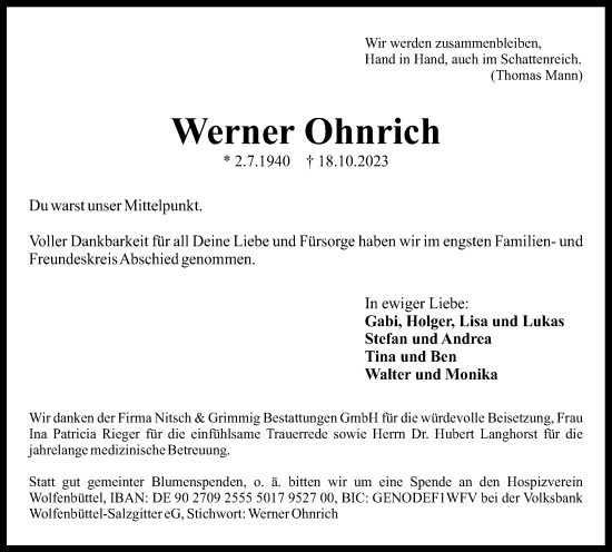 Traueranzeige von Werner Ohnrich von Braunschweiger Zeitung