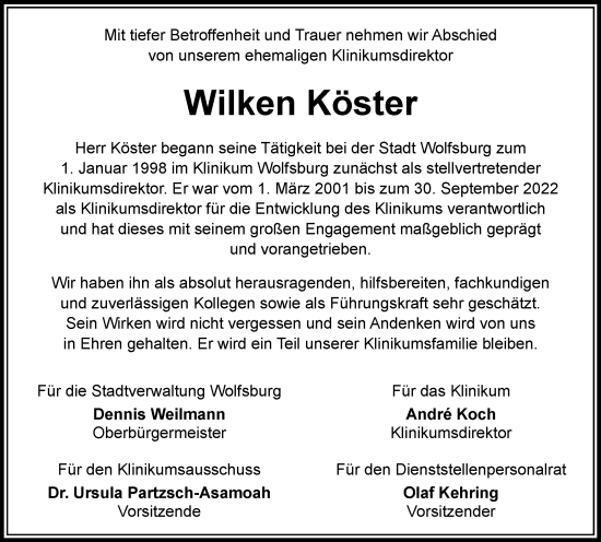 Traueranzeige von Wilken Köster von Braunschweiger Zeitung