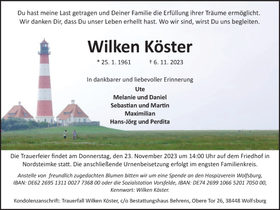 Traueranzeige von Wilken Köster von Wolfsburger Nachrichten