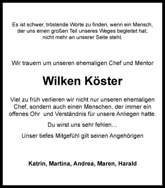 Traueranzeige von Wilken Köster von Wolfsburger Nachrichten
