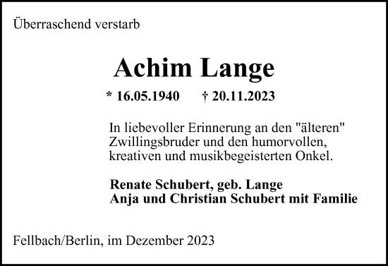 Traueranzeige von Achim Lange von Braunschweiger Zeitung