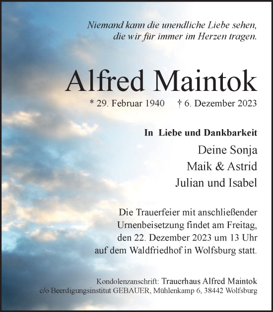 Traueranzeige von Alfred Maintok von Wolfsburger Nachrichten