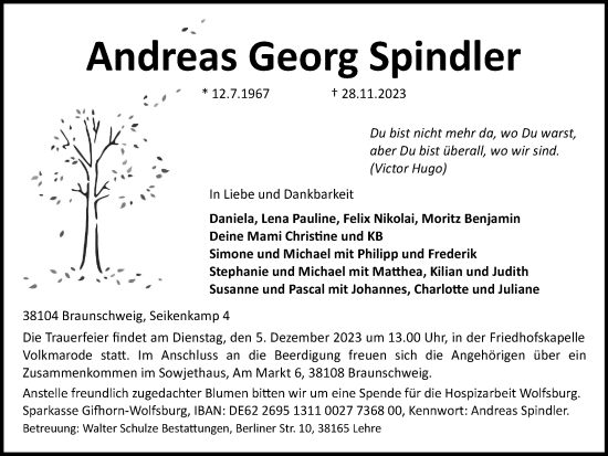 Traueranzeige von Andreas Georg Spindler von Braunschweiger Zeitung, Wolfsburger Nachrichten