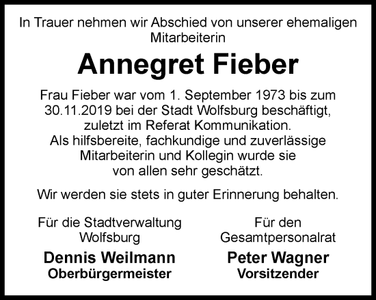 Traueranzeige von Annegret Fieber von Wolfsburger Nachrichten