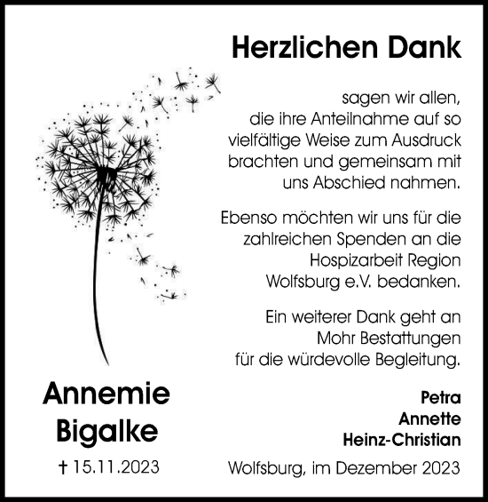 Traueranzeige von Annemie Bigalke von Wolfsburger Nachrichten