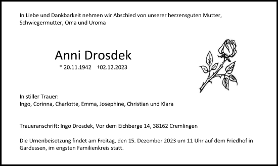 Traueranzeige von Anni Drosdek von Braunschweiger Zeitung