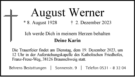 Traueranzeige von August Werner von Braunschweiger Zeitung