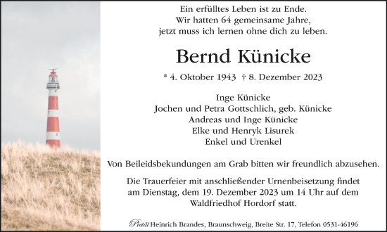Traueranzeige von Bernd Künicke von Braunschweiger Zeitung