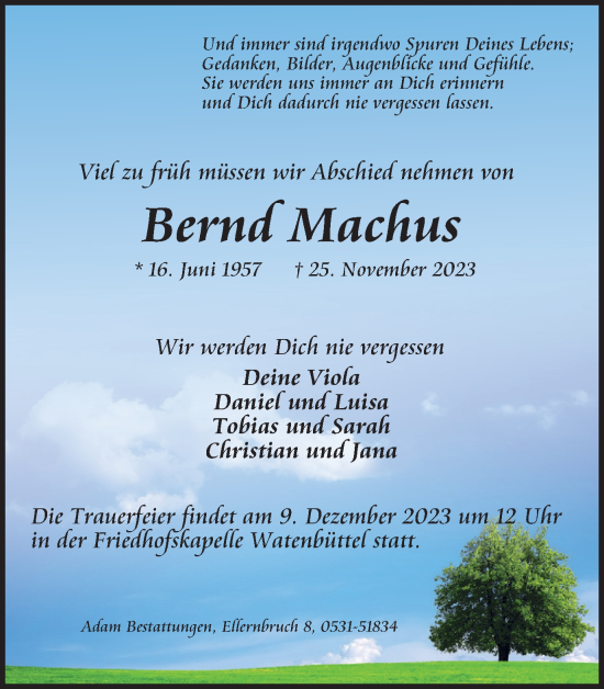 Traueranzeige von Bernd Machus von Braunschweiger Zeitung