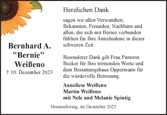 Traueranzeige von Bernhard  Weißeno von Braunschweiger Zeitung