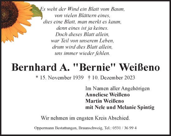 Traueranzeige von Bernhard  Weißeno von Braunschweiger Zeitung