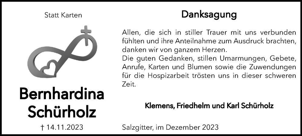  Traueranzeige für Bernhardina Schürholz vom 09.12.2023 aus Salzgitter-Zeitung