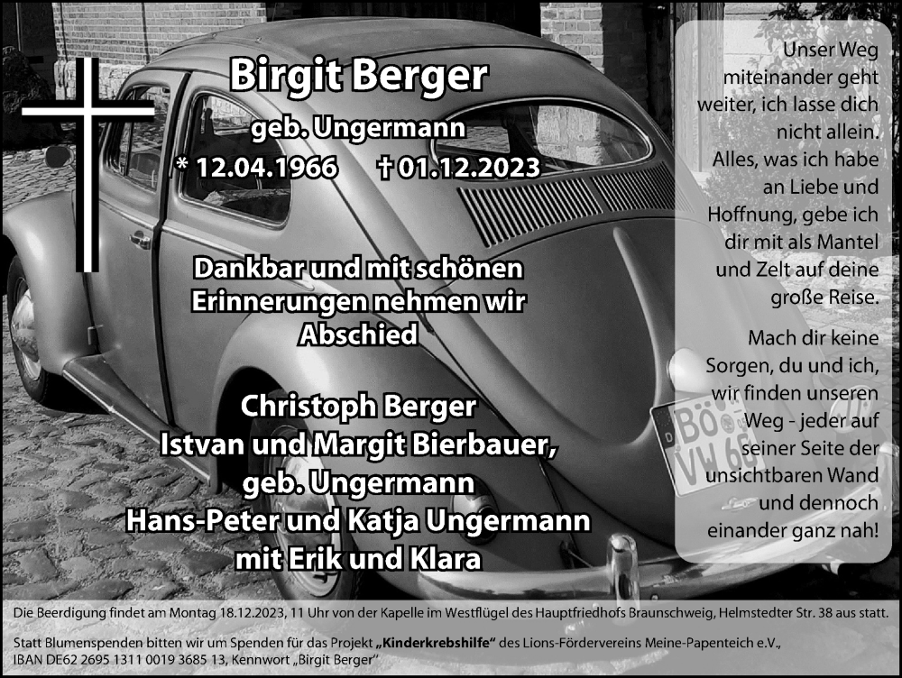  Traueranzeige für Birgit Berger vom 09.12.2023 aus Braunschweiger Zeitung