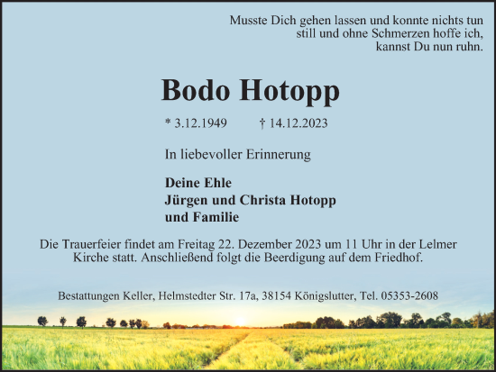 Traueranzeige von Bodo Hotopp von Helmstedter Nachrichten