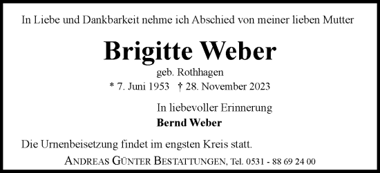 Traueranzeige von Brigitte Weber von Braunschweiger Zeitung