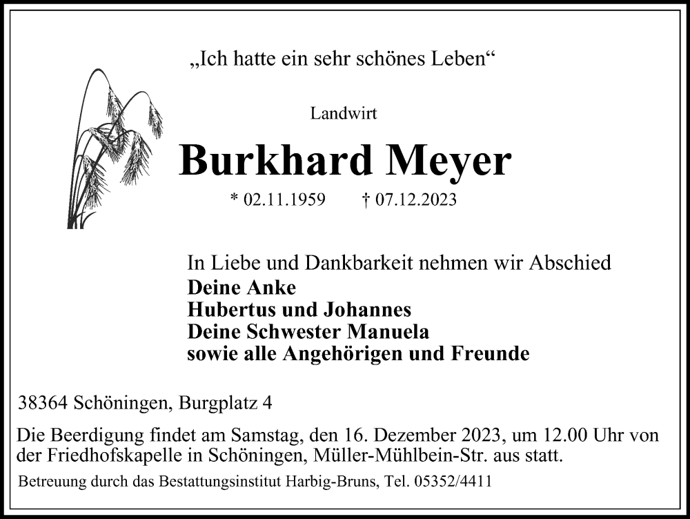  Traueranzeige für Burkhard Meyer vom 13.12.2023 aus Helmstedter Nachrichten
