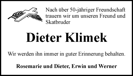 Traueranzeige von Dieter Klimek von Wolfsburger Nachrichten