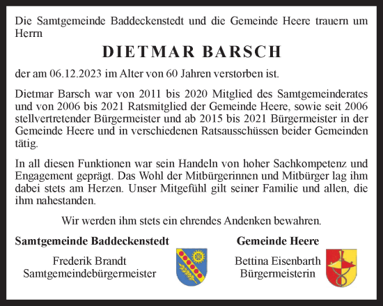 Traueranzeige von Dietmar Barsch von Salzgitter-Zeitung