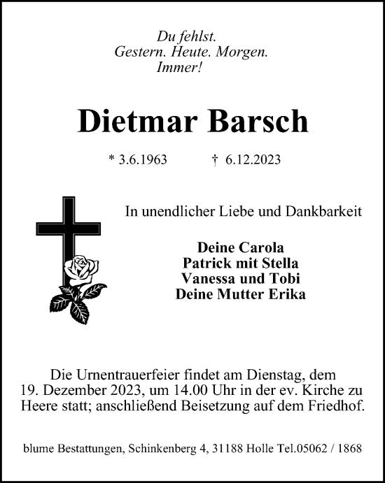 Traueranzeige von Dietmar Barsch von Salzgitter-Zeitung