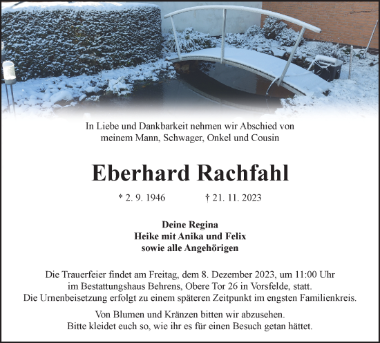 Traueranzeige von Eberhard Rachfahl von Wolfsburger Nachrichten