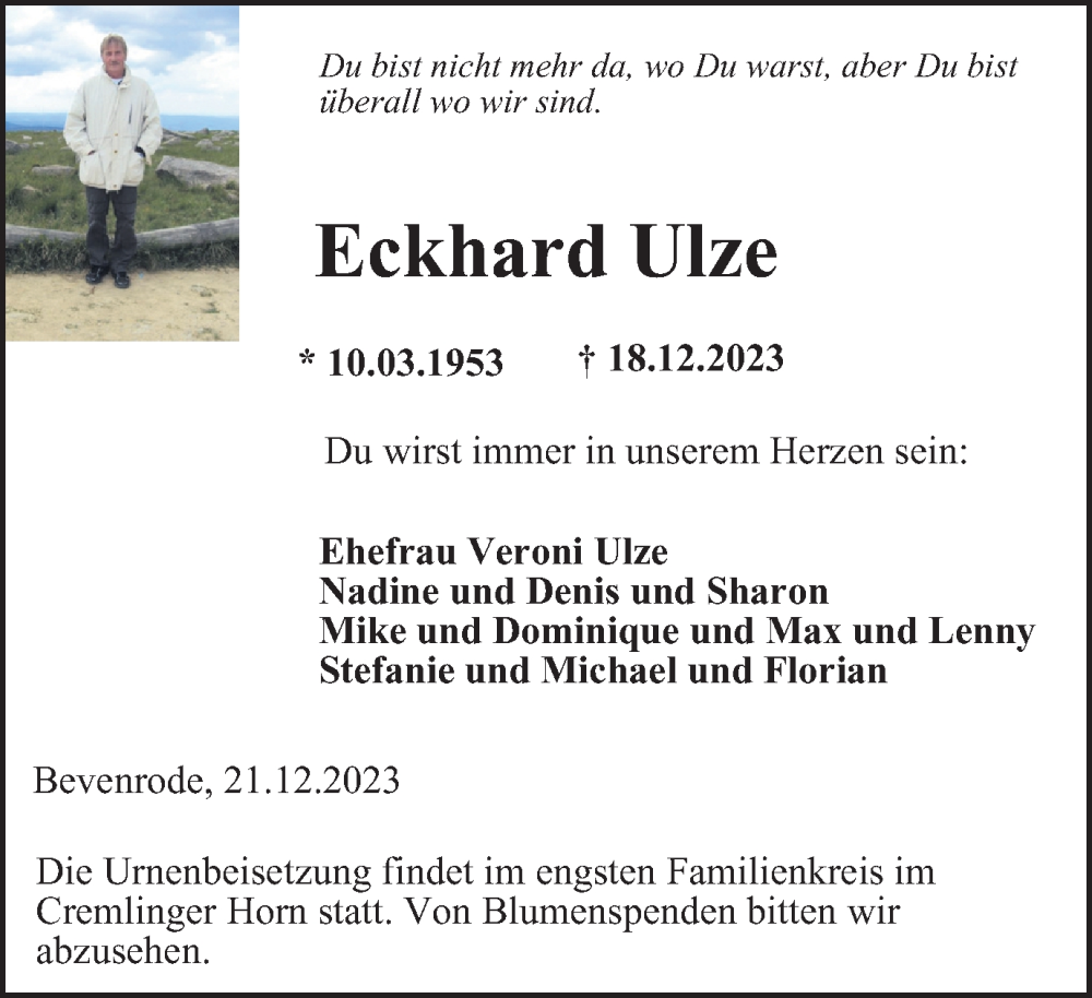  Traueranzeige für Eckhard Ulze vom 22.12.2023 aus Braunschweiger Zeitung