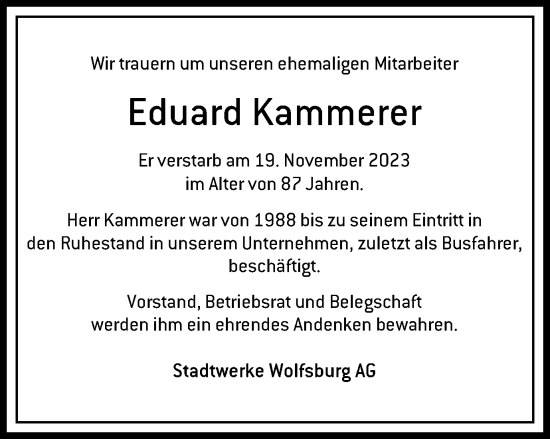 Traueranzeige von Eduard Kammerer von Wolfsburger Nachrichten