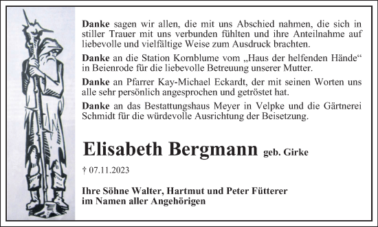 Traueranzeige von Elisabeth Bergmann von Helmstedter Nachrichten
