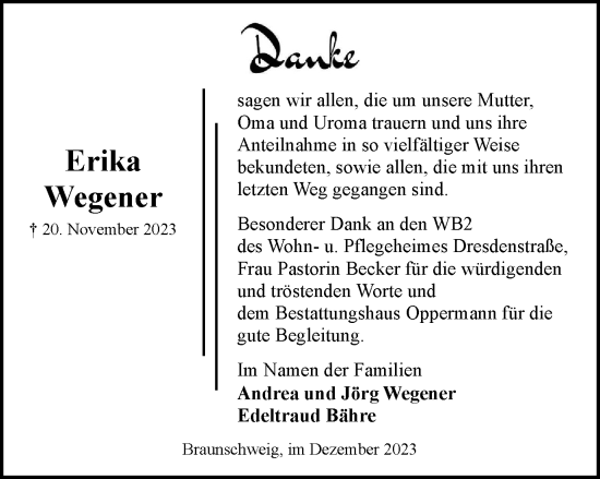 Traueranzeige von Erika Wegener von Braunschweiger Zeitung