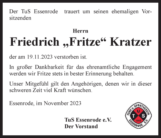Traueranzeige von Friedrich Kratzer von Helmstedter Nachrichten