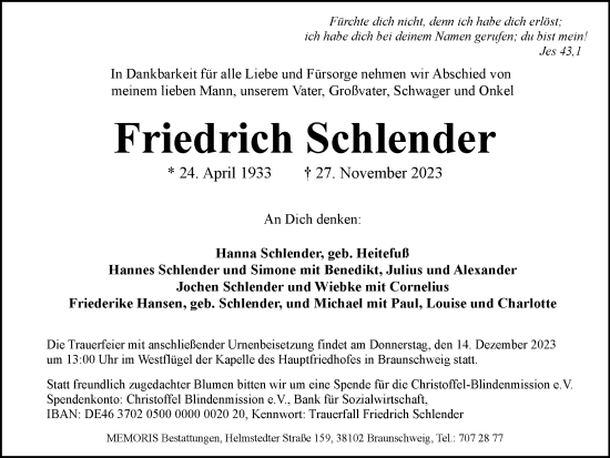 Traueranzeige von Friedrich Schlender von Braunschweiger Zeitung